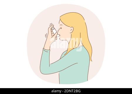 Asthme et concept d'inhalateur. Jeune femme asthmatique utilisant un inhalateur spray pour prévenir les crises de maladie et la respiration normale. Respiratoire, maladie, drogue. Illustration de Vecteur