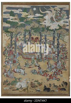 Entrée de Bouddha Shakyamuni dans parfait Nirvana (Nehan-zu), propriété de la Stiftung Hamburger Kunstsammlungen, papier, encre, peinture, non signé, peinture, bouddhisme, mort, deuil, hindouisme, bouddhisme, Jainisme, animaux, Bouddha, l'image montre la mort physique du Bouddha, qui le conduit à parfait Nirvana (Nehan-zu). Shakyamuni est entouré de bourneurs de tous les niveaux d'existence. Même la nature réagit à sa mort avec des feuilles fléchies et des vagues moulantes. L'image, cependant, est destinée à transmettre un message d'espoir au croyant en symbolisant le salut bouddhiste Banque D'Images