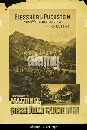 Johann Weber, Institut d'art Orell Füssli, Giesshübl-Puchstein. Spa et institut d'hydrothérapie près de Karlovy Vary. Lieu d'origine de la Giesshübler de Mattoni Sauerbrunn, papier, lithographie, total: Hauteur: 94.8 cm; largeur: 67 cm, signé: En caractères imprimés: J. Weber, affiches touristiques, publicité de produits et d'affaires (affiches), loisirs/voyages/sport (affiches), paysages, eaux, vue sur la ville, bâtiment de hist., localité, rue, eau (éléments), spa, Karlössel, Kaugerkrkrkrlölölölölz, Kaugerkrkrklölölölkrkrk Banque D'Images