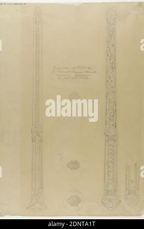 Gottfried Semper, Award of the baton for Richard Wagner. Teardown and side view with cross sections, tracing paper, drawing, sheet size: height: 38.7 cm; width: 26.5 cm, signed, dated and inscribed: recto: in lead: rune staff as baton, for Richard Wagner Febr. 1858, componiert v. G. Semper, for Frau Wesendonck, inscription: recto: on the baton: NIBELUNGEN, RHEINGOLD, WALKÜRE [mirror-inverted], inscribed: recto: in lead: G. Semper 149-21-1, design drawings, making music, conductor Stock Photo