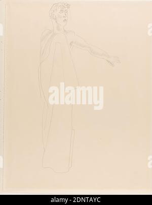 Gustav Heinrich Wolff, debout avec bras étiré, crayon, papier à dessin, dessin, crayon sur papier à dessin, Total: Hauteur: 32.9 cm; largeur: 25.6 cm; largeur: 26.6 cm (26.6 incl. Marge perforée), non marqué, croquis, dessin, graphiques, figure debout, postures, positions de la figure humaine, modernisme classique, jeune homme debout (?) en robe longue ou avec un châle drapé autour de lui, peut-être avec une couronne de laurier ou similaire sur sa tête et le bras gauche levé et étiré. Feuille simple (Bl. 13 de 28) d'octobre à novembre 1929 Banque D'Images