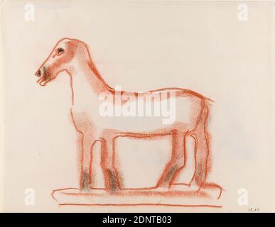 Gustav Heinrich Wolff, cheval sur plinthe, papier à dessin, charbon de bois, craie rouge, dessin, craie rouge et charbon de bois sur papier à dessin, total: Hauteur: 25.6 cm; largeur: 32.9 cm, recto daté bas droit avec charbon de bois: 13. 10, esquisses, esquisses, dessins, dessin, graphiques, Cheval, Sculpture, Sculpture, Sculpture Art, Classic Modernism, dépouille évidente pour une sculpture d'un cheval debout (sans oreilles, manne et queue) en profil à gauche sur une plaque de base. Feuille simple (Bl. 3) du carnet d'esquisse d'octobre à novembre 1929 Banque D'Images