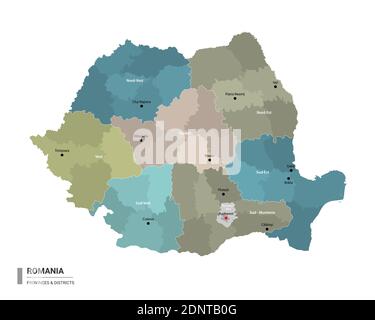 Roumanie carte détaillée avec subdivisions. Carte administrative de la Roumanie avec le nom des districts et des villes, coloré par les États et distri administratif Illustration de Vecteur