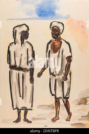 Gustav Heinrich Wolff, deux bédouins (apparitions blanches), carton, aquarelle, aquarelle sur carton, Total: Hauteur: 49.5 cm; largeur: 34.6 cm, Recto monogrammé avec stylo au centre inférieur: GHW. Inscrit avec un stylo sur la verso inférieure : apparences blanches, esquisses, graphiques libres (dessin, graphiques), dessin, graphiques, homme, figure debout, peuples et nationalités, Classic Modern Banque D'Images