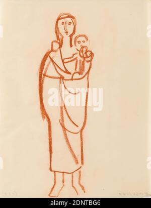 Gustav Heinrich Wolff, mère avec enfant (III), craie rouge, parchemin, dessin, craie rouge sur parchemin, Total: Hauteur: 21.9 cm; largeur: 17.5 cm, non marqué, croquis, dessin, graphique, mère, bébé, nourrisson (âge), figure debout, modernisme classique, feuille simple (Bln. 3) du sketchbook octobre à décembre 1924 (en partie créé pendant le séjour de Wolff à Hambourg Banque D'Images