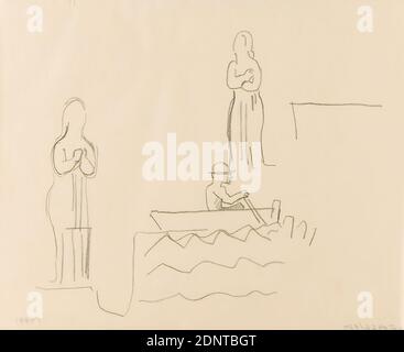 Gustav Heinrich Wolff, feuille d'étude avec homme debout et homme en bateau, crayon, parchemin, dessin, crayon sur parchemin, Total: Hauteur: 17.5 cm; largeur: 21.9 cm, croquis, dessin, graphiques, figure debout, bateau à ramer, canoë, modernisme classique, feuille simple (Bl. 8) du sketchbook octobre à décembre 1924 (en partie créé pendant le séjour de Wolff à Hambourg Banque D'Images