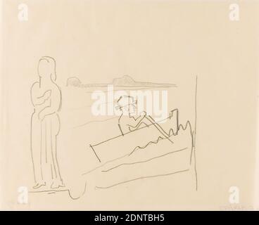 Gustav Heinrich Wolff, feuille d'étude avec homme debout et homme en bateau, crayon, parchemin, dessin, crayon sur parchemin, Total: Hauteur: 17.5 cm; largeur: 21.9 cm, non marqué, croquis, dessin, graphiques, figure debout, bateau à ramer, canoë, modernisme classique, feuille simple (Bl. 9) du sketchbook octobre à décembre 1924 (en partie créé pendant le séjour de Wolff à Hambourg Banque D'Images