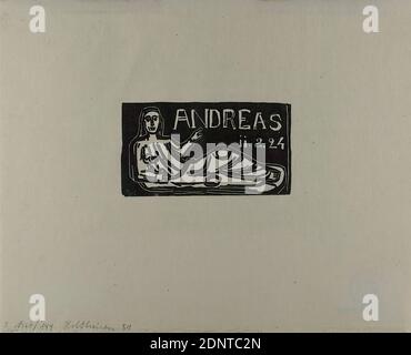 Gustav Heinrich Wolff, Andreas (annonce de naissance), papier japonais, coupe de bois, bloc de bois sur papier japonais, taille de l'image: Hauteur: 7,5 cm; largeur: 13,7 cm, timbre de succession GUSTAV H. WOLFF NACHLASS sur verso, estampes, imprimés, publicités/annonces, naissance, naissance, mère, enfant, nourrisson, bébé (famille/ascendance), artiste et sa famille, lettres, alphabet, écriture, figure allongée, modernisme classique, Andreas (annonce de naissance) (1924), Holthusen print no 51. Cet imprimé en blocs de bois est un imprimé des blocs de bois que Max Sauerlandt a secouru du studio de Wolff à Berlin en 1933 Banque D'Images