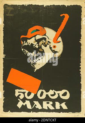 Kunst im Druck, Ludwig Hohlwein, 50 000 marque, papier, lithographie, Total: Hauteur: 124.8 cm; largeur: 90.8 cm, signé et inscrit: Haut à gauche dans la forme d'impression: LUDWIG HOHLWEIN, MUNICH, Stamp, genehmigt./Das Polizeiamt, Affiches de film, crâne, cette affiche est apparemment rare pour le long métrage Der Totenkopf - 50 000 Mark Prämienfilm (Allemagne, 1920) du réalisateur Atto Retti-Marsani (1892-1961). Pendant la République de Weimar, non seulement les films eux-mêmes, mais aussi les affiches et autres documents publicitaires devaient être soumis aux autorités chargées de l'inspection des films pour approbation. Banque D'Images