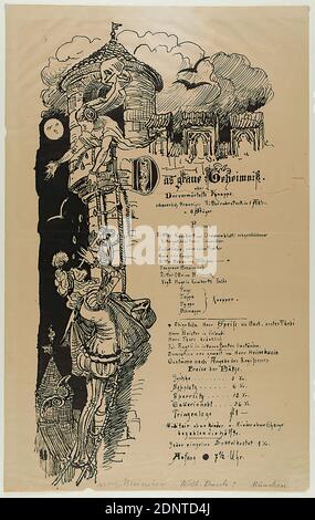 Wilhelm Busch, projet de loi pour le jeu d'agitation du chevalier Das graue Geheimniß oder Der vermörtelte Knappe by O. Stöger, papier, lithographie, taille de la feuille: Hauteur: 35,3 cm; largeur: 22,3 cm, inscrit: Recto: En plomb: Jung-München Wilh. Busch ? Munich, théâtre, château, palais, jeune femme, fille, noblesse et patriciat/chivalerie, musique, nuit, théâtre, spectacle de théâtre Banque D'Images