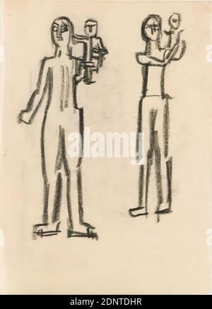 Gustav Heinrich Wolff, deux études d'une figure debout avec enfant, parchemin, dessin de charbon de bois, dessin, charbon de bois sur parchemin, Total: Hauteur: 17.4 cm; largeur: 12.6 cm, non marqué, croquis, dessin, graphiques, dessins de conception, mère, enfant, postures, positions de la figure humaine, figure humaine, figure humaine. Körper/Figur/Akt, Klassische moderne, feuille d'un sketchbook, 1923, étude possible de la suspension en cuivre Junge Mutter (1924), cf. Holthusen Plastik No. 47 Banque D'Images