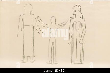Gustav Heinrich Wolff, croquis de trois figures (dessin pour les Eumenides), crayon, parchemin, dessin, crayon sur parchemin, total: Hauteur: 11.6 cm; largeur: 19.3 cm, dessin, graphiques, croquis, dessins, figure debout, histoire d'Orestes, histoire d'Apollon (Phoebus), histoire de Minerva (Pallas, Athena), mythologie classique/histoire ancienne, héros grecs, furies, Dirae (Erinnyen), Eumenides, modernisme classique, feuille simple du sketchbook 1923, probablement dessin pour la gravure en cuivre Erestie 3. Banque D'Images