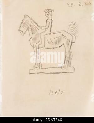 Gustav Heinrich Wolff, Cheval avec cavalier, crayon, parchemin, dessin, crayon sur parchemin, Total: Hauteur: 14.7 cm; largeur: 11.6 cm, inscrit et daté: Recto inscrit bois au centre inférieur et daté du 29.2.24. Esquisses, croquis, dessins, cheval, statue équestre, sculpture, plastique, art sculptural, modernisme classique, cheval sur pied avec cavalier à gauche, bois inscrit au centre inférieur par l'artiste et daté du 29.2.24. Feuille unique du carnet d'esquisses Fébr.-Date : 29.2.24. Mars 1924 Banque D'Images