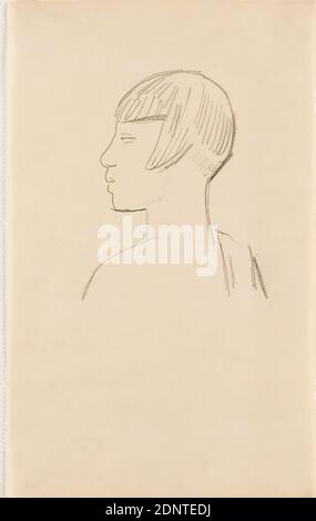 Gustav Heinrich Wolff, tête de fille en profil (étude de portrait Granadina), crayon, papier à dessin, dessin, crayon sur papier à dessin, total: Hauteur: 20 cm; largeur: 12.2 cm, croquis, dessin, graphiques, dessins, profil (vue latérale), portrait, tête, visage, modernisme classique, étude de portrait Granadina (tête de fille en profil), cf. Holthusen (gravure en copperplate) n° 126; extrait du carnet 1926 Banque D'Images