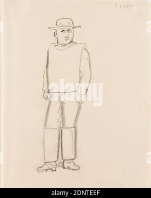 Gustav Heinrich Wolff, Picador, papier à dessin, charbon de bois à dessin, dessin, charbon de bois sur papier à dessin, total: Hauteur: 22 cm; largeur: 17,4 cm, titré: Recto O. re. : Picador, dessin, graphiques, croquis, homme, figure debout, homme et animal, modernisme classique, picador debout (assistant du matador) avec chapeau, poncho court, pantalon, guêtres et éperons, inscrit Picador par l'artiste au crayon en haut à droite; du sketchbook 1926-27 Banque D'Images