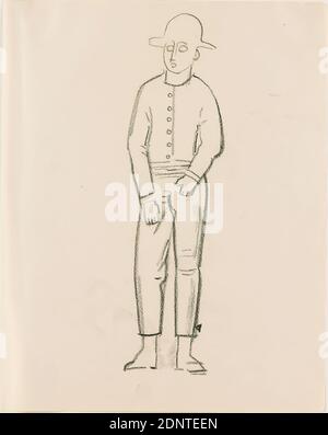 Gustav Heinrich Wolff, croquis d'une personne debout avec chapeau, papier à dessin, charbon de bois, dessin, charbon de bois sur papier à dessin, total: Hauteur: 22.1 cm; largeur: 17.4 cm, dessin, graphiques, croquis, figure debout, jeune homme, jeune, chapeau, costume folklorique, costume régional, modernisme classique, personne debout en costume traditionnel avec chapeau, tiré du sketchbook 1926-27 Banque D'Images