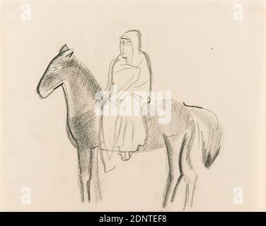 Gustav Heinrich Wolff, cavalier sur cheval, papier à dessin, charbon de bois à dessin, dessin, charbon de bois sur papier à dessin, total: Hauteur: 17.4 cm; largeur: 22.1 cm, dessin, graphiques, croquis, cheval, cavalier, humain et animal, modernisme classique, croquis d'un cavalier sur un cheval enveloppé dans un peignoir, à partir d'un sketch 1926-27 Banque D'Images