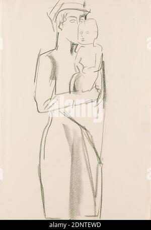 Gustav Heinrich Wolff, personnage debout avec enfant, papier à dessin, charbon de bois à dessin, dessin, charbon de bois sur papier à dessin, total: Hauteur: 29,8 cm; largeur: 20,3 cm, dessin, graphiques, croquis, figure debout, mère, enfant, bébé, bébé (famille/descente), modernisme classique, croquis d'une femme debout avec harnais et enfant sur le bras, tiré du carnet de croquis début 1928 Banque D'Images