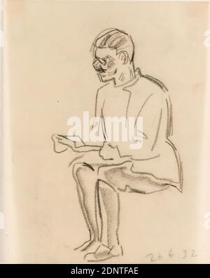 Gustav Heinrich Wolff, homme assis (tiré du livre d'esquisses russe), parchemin, dessin de charbon de bois, dessin, charbon de bois sur parchemin, total: Hauteur: 14,5 cm; largeur: 11,4 cm, daté: Retour U. re. : manuscrit avec charbon de bois daté de: 26 6 32, dessin, graphiques, croquis, figure assise, homme, lecture, modernisme classique, homme assis en profil à gauche, tenant quelque chose avec ses mains sur ses genoux (lecture dans un livre?); du russe Sketchbook/Sketchbook 1932-34 Banque D'Images