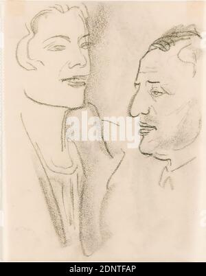 Gustav Heinrich Wolff, deux études de portrait (homme et femme), parchemin, dessin de charbon de bois, dessin, charbon de bois sur parchemin, total: Hauteur: 14,5 cm; largeur: 11,4 cm, verso (par quelqu'un d'autre?) daté au crayon : 7.1. 34, dessin, graphiques, croquis, relations entre les sexes, mariage/couple marié, homme, femme, portrait, double portrait, modernisme classique, étude de portrait d'une femme en demi profil (buste) et d'un homme en profil (étude de tête); tiré du carnet 1932-34 Banque D'Images