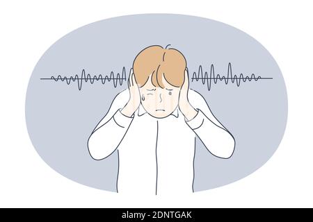 Bruit, intensité sonore. Jeune garçon stressé irrité couvrant les oreilles avec les mains se sentant impossible de tenir le son et les bruits en dehors du vecteur illustrateur Illustration de Vecteur