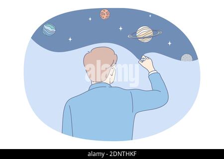 Astronomie et planétarium concept. Hommes scientifiques debout en arrière et faisant l'image de planètes dans l'univers et cosmos et vecteur galaxie illustrate Illustration de Vecteur