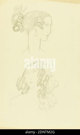 Ernst Dryden, Design for Women's hairstyles pour le film Tom Sawyer, papier, crayon, dessin, dessin au crayon, Total: Hauteur: 48,6 cm; largeur: 30,5 cm, illustrations, dessin, graphiques, dessin de costume, dessins de conception, mode, mode féminine, coiffure, mode cheveux, hairstyle, cheveux curl, tuft, fil Banque D'Images