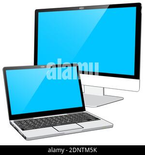 Un PC portable et un grand moniteur PC “tout-en-un” présenté avec des écrans bleus indiquant qu'ils sont sous tension. Illustration de Vecteur