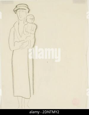 Gustav Heinrich Wolff, femme avec enfant, papier à dessin, charbon de bois à dessin, dessin, charbon de bois sur papier à dessin, total: Hauteur: 30 cm; largeur: 24 cm, non marqué, croquis, dessin, graphiques, femme, figure debout, veste, manteau, cape, chapeau, bébé, bébé (famille/descendance), mère, modernisme classique, croquis d'une femme debout avec manteau et chapeau avec bébé sur son bras gauche; feuille simple non datée d'un carnet d'esquisse Banque D'Images
