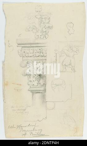 Theodor Bülau, Saint-Ulrich, Ratisbonne. Détails de la capitale, détail du plan de sol révéler portail sud, figure de frise, décoration végétale, papier, crayon, dessin, taille de la feuille: Hauteur: 66 cm; largeur: 56 cm, inscrit: Recto: En plomb: De la vieille paroisse, à Regensburg 1829e et de l'église de la Vieille paroisse, Regensburg, A. Bülau, dessin, graphiques, capitale (colonne, piliers), détails architecturaux, ornements Banque D'Images