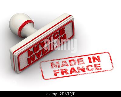 Fabriqué en France. L'embouti et une empreinte. Tampon en caoutchouc blanc et empreinte rouge FABRIQUÉS EN FRANCE sur une surface blanche. Illustration 3D Banque D'Images