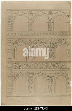 Gottfried Semper, Carl Gottlieb Rolle, sgraffito décorations sur le bâtiment résidentiel et de bureau du pharmacien Wilhelm Semper, Hambourg. Moitié gauche de la façade, 2ème-4ème étage, vieux stock, probablement un 1903, carton, encre, dessin au stylo et à l'encre, taille de la feuille: Hauteur: 46 cm; largeur: 30.2 cm, signé, daté et inscrit: Recto: À l'encre: CRolle, inv, Dresde en février 1844, inscrit: Recto: En plomb: Rolle (zu G. Banque D'Images