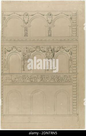 Gottfried Semper, Carl Gottlieb Rolle, sgraffito décorations sur le bâtiment résidentiel et de bureau du pharmacien Wilhelm Semper, Hambourg. Moitié droite de la façade, 2ème-4ème étage, vieux stock, probablement a 1903, carton, encre, dessin au stylo et à l'encre, taille de la feuille: Hauteur: 45.3 cm; largeur: 30.3 cm, inscrit: Recto: En plomb: Rolle (zu G. Semper-71)-21-2, timbre sec: Recto: ATELIER, FÜR ARCHITEKTUR UND INDUSTRIE, B. Banque D'Images