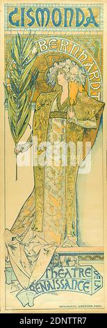 Imprimerie Lemercier, Alfons Mucha, Gismonda, papier, lithographie, total: Hauteur: 213,00 cm; largeur: 75,00 cm, signé: u. li. En version imprimée: Mucha, affiches de théâtre, acteur, actrice, femme, figure debout, costume de théâtre, personnage historique, mode coiffure, mode cheveux, art nouveau, fin 1894 Mucha reçoit la commande de cette affiche. C'est son premier et le rendra célèbre du jour au lendemain. L'actrice est debout devant une niche faite de mosaïque d'or et est habillée comme une princesse byzantine dans le 19ème siècle a été imaginé Banque D'Images