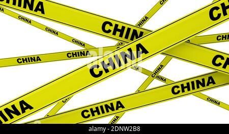 Chine. Rubans d'avertissement jaunes avec mots noirs CHINE. Isolé. Illustration 3D Banque D'Images