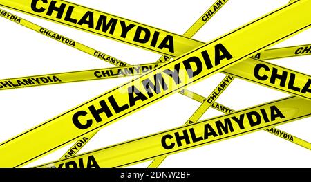 Chlamydia. Rubans d'avertissement jaunes avec des mots noirs CHLAMYDIA (est une infection sexuellement transmissible). Isolé. Illustration 3D Banque D'Images