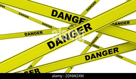Danger. Rubans d'avertissement jaunes avec mots noirs DANGER. Isolé. Illustration 3D Banque D'Images