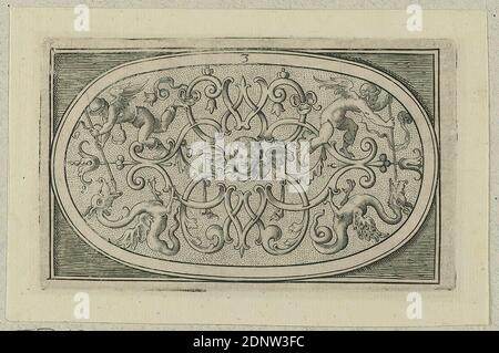 Heinrich Ullrich, couvercle de boîte avec queue grotesque sur sol perforé, feuille 3 d'une série de couvercles de boîte, papier, gravure en copperplate, taille de la feuille: Hauteur: 8.00 cm; largeur: 12.10 cm, numéroté: Dans la plaque en motif: 3, Jutus Brinckmann, imprimés, grotesque (ornement), Renaissance Banque D'Images