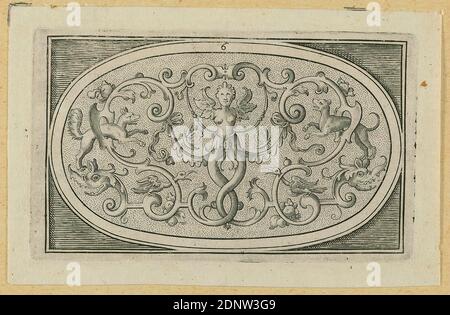 Heinrich Ullrich, couvercle de boîte avec queue grotesque sur sol perforé, feuille 6 d'une série de couvercles de boîte, papier, gravure en copperplate, taille de la feuille : hauteur: 7.70 cm; largeur: 11.90 cm, numéroté: Dans la plaque en motif: 6, Jutus Brinckmann, imprimés, grotesque (ornement), Renaissance Banque D'Images