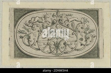 Heinrich Ullrich, couvercle de boîte avec queue grotesque sur sol perforé, feuille 10 d'une série de couvercles de boîte, papier, gravure en copperplate, taille de la feuille : hauteur: 7,20 cm; largeur: 12,00 cm, numéroté: Dans la plaque en motif: 10, Jutus Brinckmann, imprimés, grotesque (ornement), Renaissance Banque D'Images