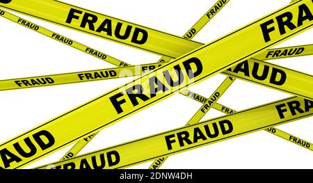 Fraud. Yellow warning tapes with black text FRAUD. Isolated. 3D Illustration Stock Photo