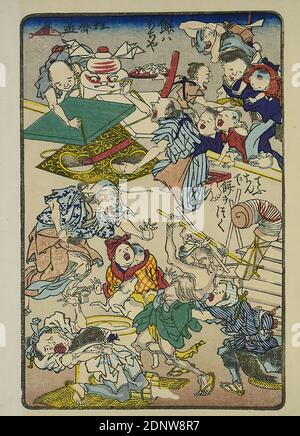 Kawanabe Kyōsai, Proverbe: Smash Mochi avec une lanterne, de la série: Cent photos de Kyōsai, couleur de la coupe du bois, Total: Hauteur: 19.00 cm; largeur: 13.50 cm, signé: Kyōsai à 狂斎図, imprimés, proverbes, enfants, chien, lanterne, gâteau, tarte, pâtisserie, époque Edo Banque D'Images