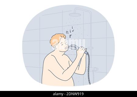 Ecoute de musique, chant, concept de loisirs. Homme souriant utilisant la douche comme microphone et chantant dans la salle de bains. Mélomane, mélodie, chanson, passe-temps Illustration de Vecteur