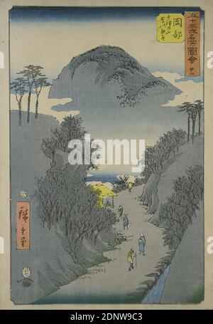 Utagawa Hiroshige, Okabe: La route étroite couverte de lierre à la montagne utsu, feuille 22 de la série: Photos des 53 stations de Tōkaidō, coupe de bois en couleur, Total: Hauteur: 35.80 cm; largeur: 25.00 cm, signé: Signature: Hiroshige htaya 廣重筆, Éditeur: Tsuitsu Kichizō, timbre de censure, timbre de date, estampes, imprimés, voyage/période Edo Banque D'Images