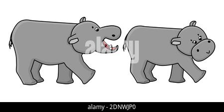 Mignon dessin animé main mâle gris Hippo essaie de mordez l'hippopotame femelle Illustration de Vecteur