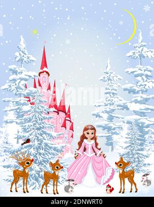 Little princess in a pink dress in the winter forest. Princess with animals on the background of a castle and a snowy forest. Winter snowy night. Stock Vector