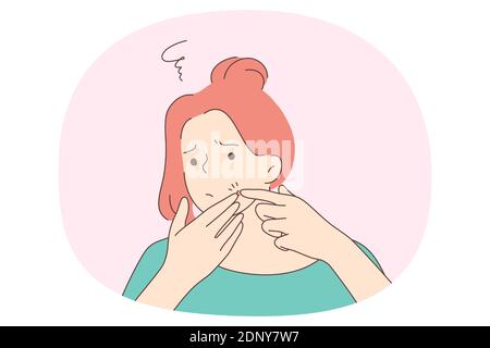 Concept de boutons de compression. Jeune fille frustrée et malheureuse debout essayant de presser rouge tache d'acné bouton sur son visage. Concept de dermatologie cutanée problématique Illustration de Vecteur