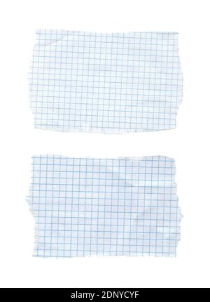 Feuilles de papier à carreaux déchirées mathématiques isolées sur fond blanc Banque D'Images