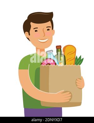 Vente de nourriture. Jeune homme tenant un sac en papier avec des denrées alimentaires Illustration de Vecteur