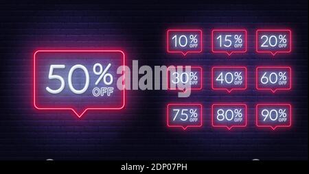 10, 15, 20, 30,40 50, 60, 75 80, 90 % de réduction. Des panneaux lumineux au néon sur fond sombre Illustration de Vecteur